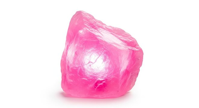 Raw jagged rose quartz crystal stone glows with internal pink light on a clean white background, featuring a minimalist wellness aesthetic, macro, rose quartz, product