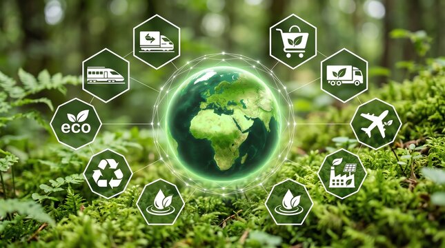 Glowing earth surrounded by sustainability icons on forest background