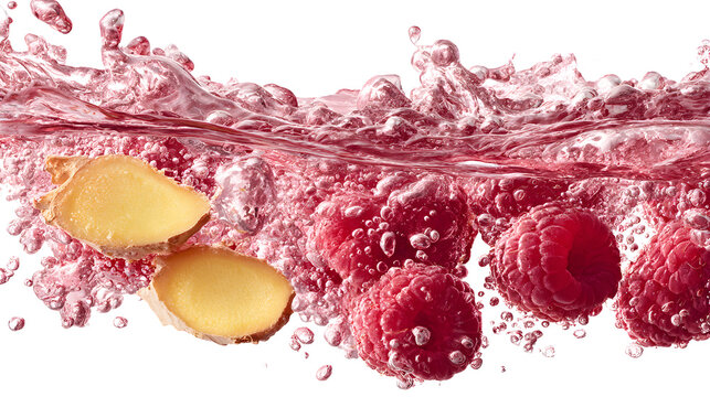 Raspberries and ginger in fizzy pink water splash