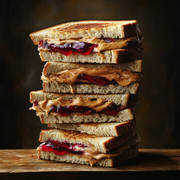 Stack of peanut butter and jelly sandwiches