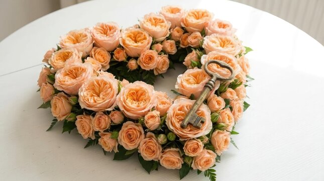 Heart shaped peach rose wreath and vintage key on table