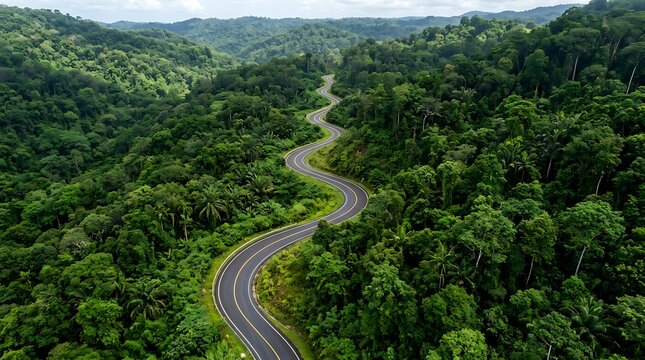 Aerial view of a winding asphalt road cutting through lush green tropical rainforest landscape