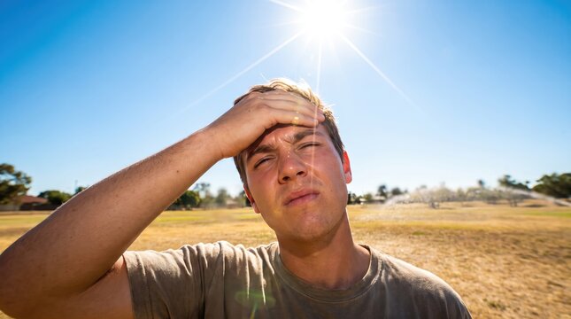 Young man suffering from heatstroke and exhaustion while standing under a bright hot sun in a dry summer landscape