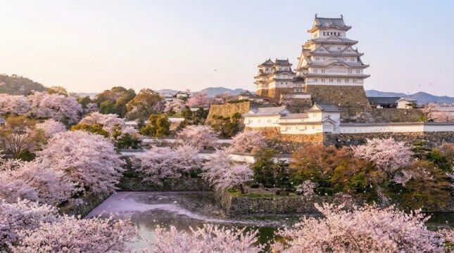 Japanese castle with cherry blossoms at sunset