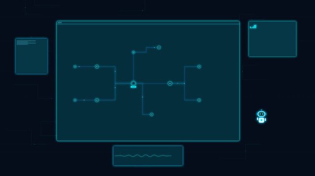 Futuristic hud interface animation with glowing blue network diagram and data visualization sci-fi