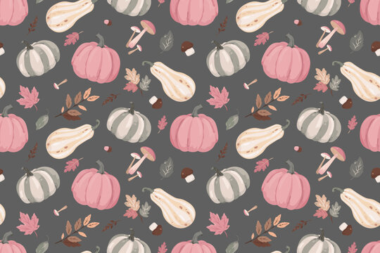 Seamless vector pattern with pastel pumpkins, squash, mushrooms, and autumn leaves. Cute fall background for fabric, wallpaper, and Thanksgiving designs.