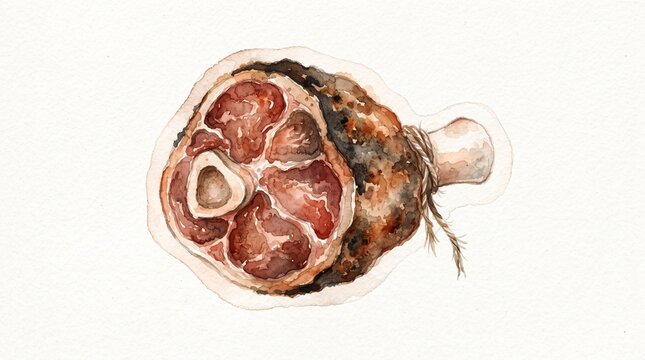 Watercolor illustration of a raw beef knuckle bone with rich meat