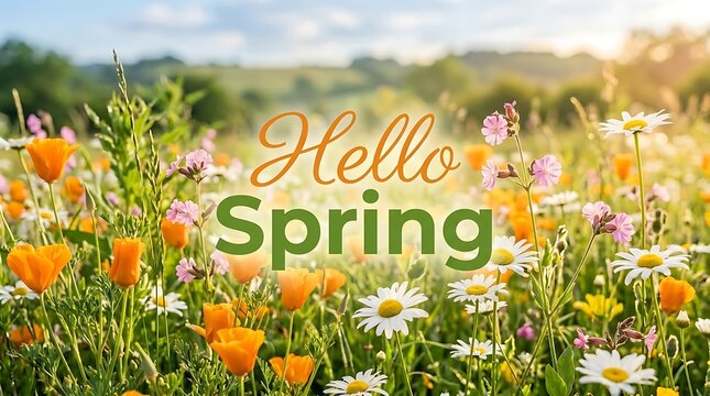 Beautiful vibrant meadow filled with colorful wild flowers and the text hello spring written in the center