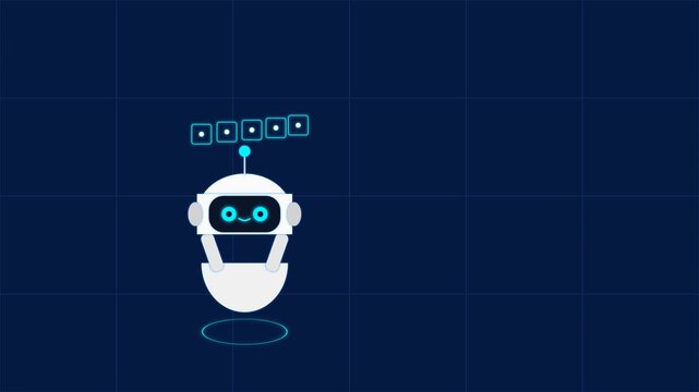 Cute white robot character with glowing blue eyes floating against dark blue tech grid background chatbot