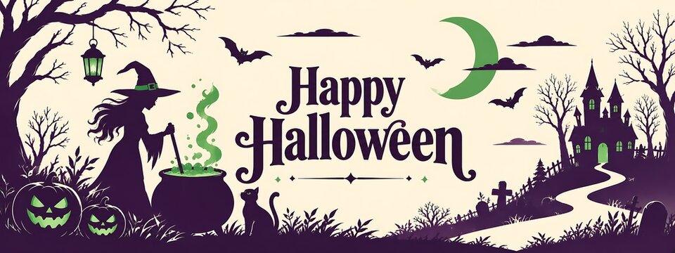 Happy Halloween Banner with Witch Silhouette, Flying Bats, Black Cats and Green Vintage Halloween Design