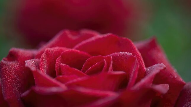 Macro red rose with morning dew drops in garden