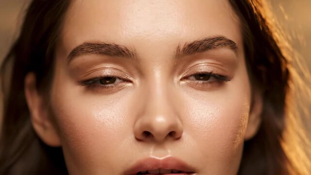Close-up of a woman's face with closed eyes and natural makeup