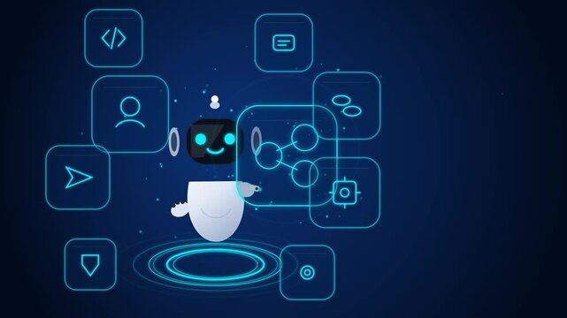 Cute ai robot assistant interacting with glowing digital user interface icons in a futuristic technology concept animation