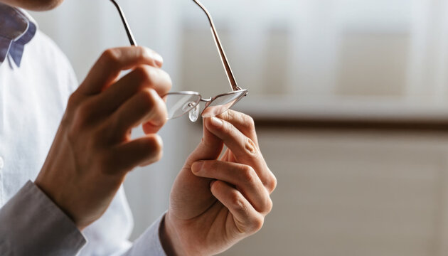 Man hand eyeglass lens clothing indoor closeup focus cleaning office detail