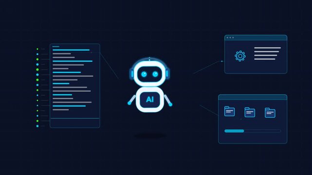 Ai robot assistant managing code and data ui panels animation in digital cyberspace technology artificial intelligence