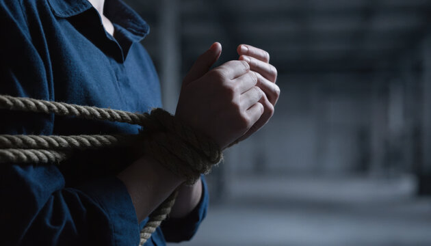Kidnap hostage bound rope tied abduct crime fear violence captivity victim hand arm wrist rope knot coercion anxiety dark criminal threat illegal danger abuse tension stress