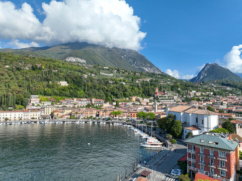 Aerial view of Lake Garda, Toscolano-Maderno, Chiesa dei Santi Faustino e Giovita - Monte Maderno, Province of Brescia, Lombardy, Italy