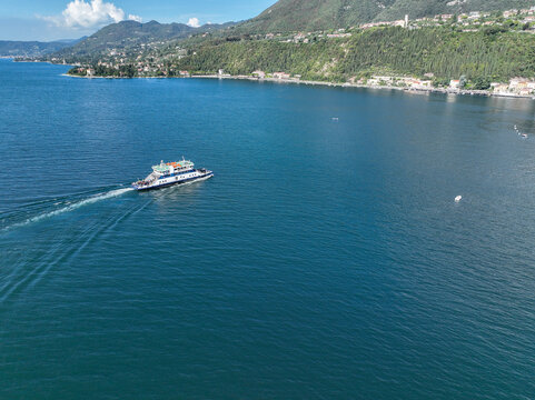 Aerial view of Lake Garda, Toscolano-Maderno, Chiesa dei Santi Faustino e Giovita - Monte Maderno, Province of Brescia, Lombardy, Italy