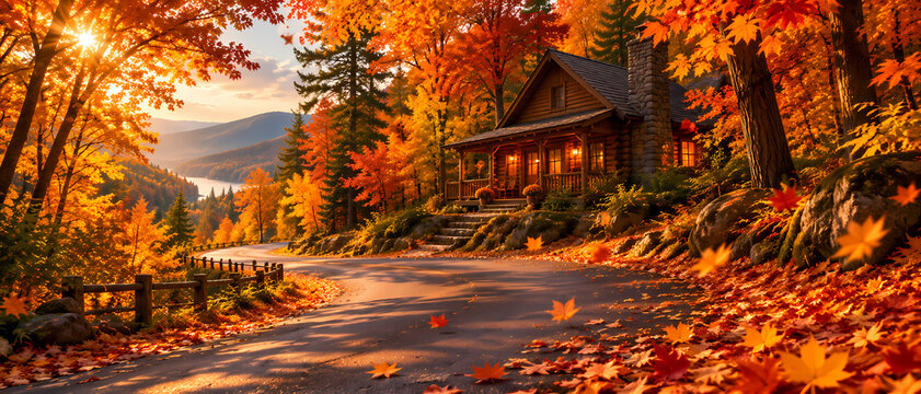 Cozy wooden cabin beside a winding road in a vibrant autumn forest, surrounded by orange and golden foliage, fallen leaves, tall evergreens and distant mountains glowing in warm seasonal sunlight