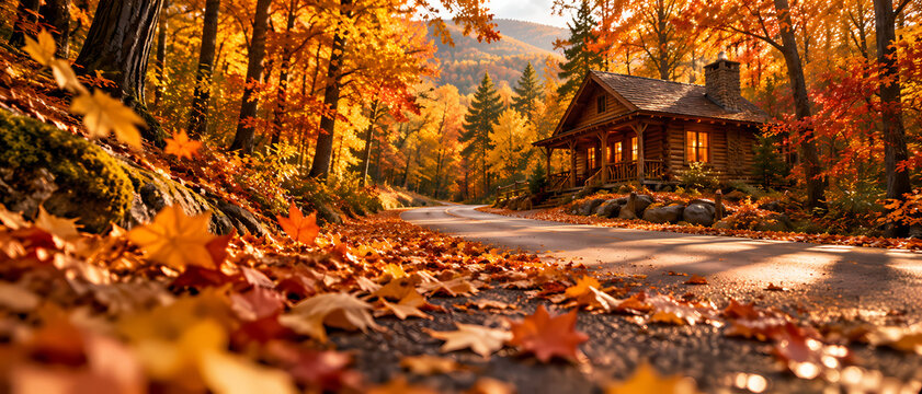 Low-angle view of a cozy wooden cabin beyond a leaf-covered road in a vibrant autumn forest, with orange foliage, warm sunlight and blurred fallen leaves creating a peaceful seasonal woodland scene