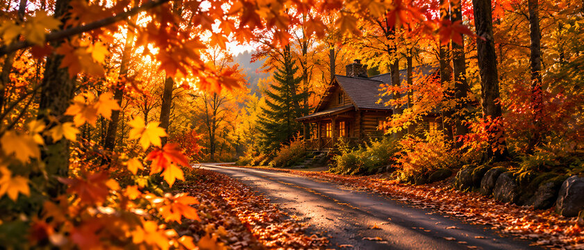 Cozy wooden cabin beside a winding road through a vibrant autumn forest, surrounded by colorful fallen leaves and tall evergreens with distant mountains glowing in warm seasonal afternoon light