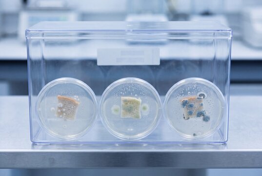 Scientific experiment showing progressive mold growth on bread samples in petri dishes, enclosed in a clear container, demonstrating food spoilage and microbiology research.