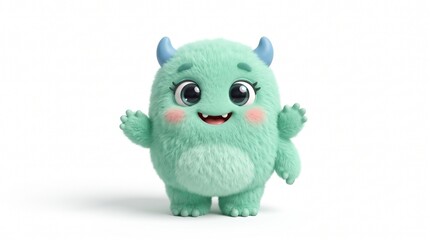 Fototapeta premium Cute mint green baby monster character waving isolated on white background