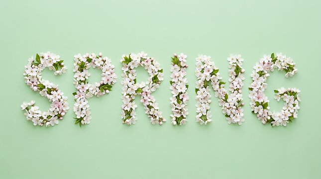 The word spring written with fresh white cherry blossom flowers on a pastel green background