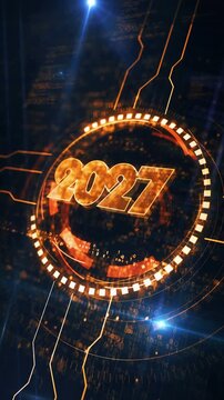Vertical video: 2027 new year symbol digital concept. Network, cyber technology and computer background abstract 3d seamless and loopable.