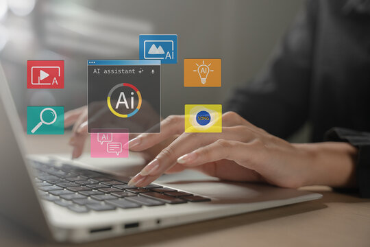 Creative AI tools for images, music and videos. A person types on a laptop at a desk with virtual icons for art, songs and ideas. Generative AI, content creation, inspiration, automation