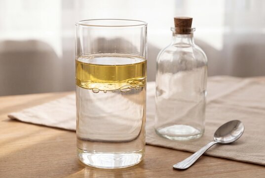 Golden yellow oil distinctly layered above clear water in a transparent glass, demonstrating liquid immiscibility and density on a wooden table.