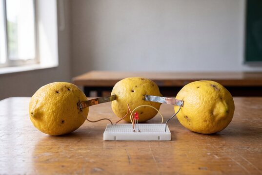 Three lemons connected by metal electrodes and wires form a DIY battery, illuminating a red LED on a breadboard for a science experiment.
