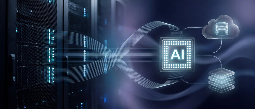 Data center server racks connected by fiber optic data streams to glowing AI chip, cloud storage and database. Concept of artificial intelligence, GPU computing power and cloud infrastructure.