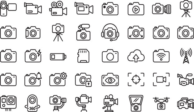 Photography and videography equipment outline icons with drone stabilizer action camera and cinema