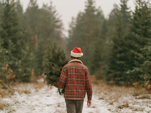 Back view of man in santa hat walking away with christmas tree in snowy pine forest