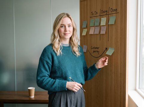 Generative AI, Young woman presenting agile kanban board and customer journey in workshop
