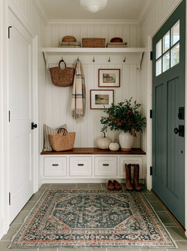 Cozy entryway mudroom front door hallway bench rug woven basket autumn decor fall season farmhouse style welcoming cozy entryway mudroom with wooden bench storage cabinet patterned rug woven