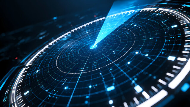 Digital radar screen scanning analyzing data and displaying targets on dark background with futuristic glowing grid representing technology and navigation systems.