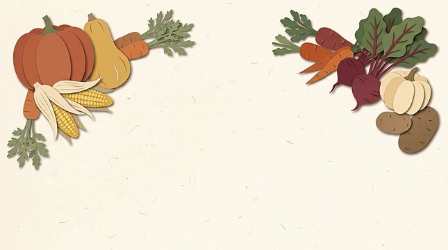 Decorative autumn harvest border featuring pumpkins carrots beets and fall leaves isolated on a plain light cream colored background