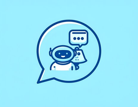 Blue line art chatbot icon in speech bubble.