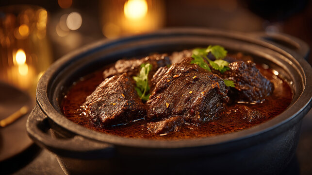 Beef stew with fresh herbs served in a dark ceramic pot braised beef meat dish hot meal