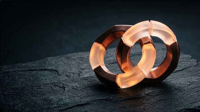Abstract representation of business partnership with interlocking geometric rings made of brushed copper and frosted acrylic on dark slate surface