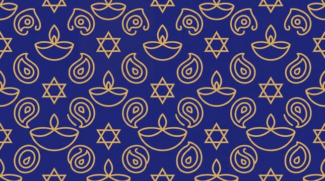 indian textile patterns, a seamless pattern featuring gold line-art of interlocking diyas, stars, and paisley on a deep royal-blue backdrop