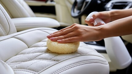 Obraz premium Close-up of hands cleaning white leather car seat with sponge and spray, showcasing meticulous.