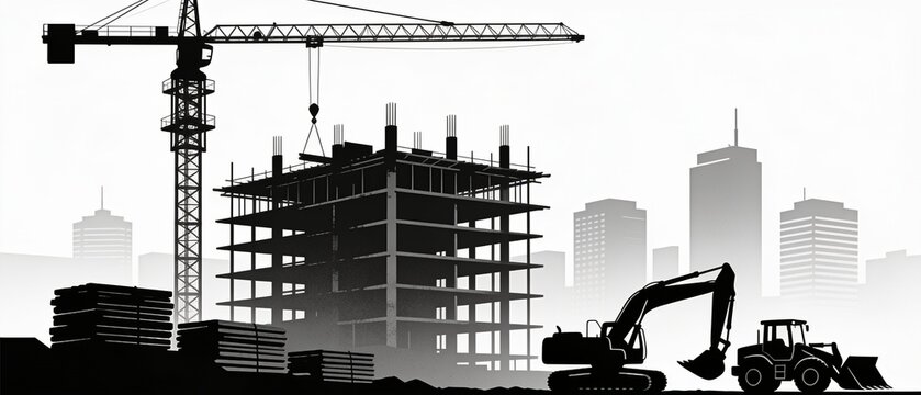 Urban development project with excavator tower crane and skyscraper skyline banner