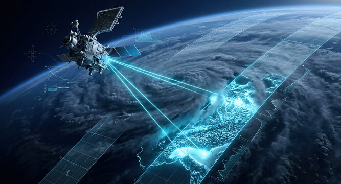 Orbital synthetic aperture radar satellite scanning storm clouds to reveal glowing terrain relief with calibration overlays and data swaths.