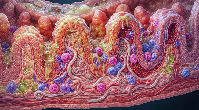 Intestinal parasite life cycle in villi with larvae, inflamed tissue folds, immune cells, and fluid in a macro medical cutaway.
