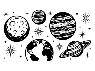 Set of detailed celestial planet icons showing saturn earth and moon with various stars for space graphic projects. © SULTANA
