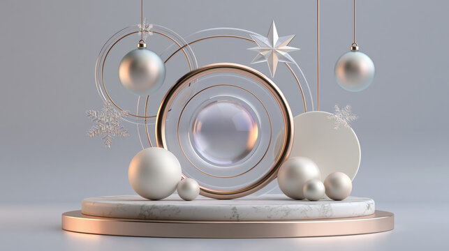 Minimalist Christmas ornament display pastel abstract winter scene luxury marble pedestal metallic circle frame glass sphere centerpiece modern festive background 3d render illustration