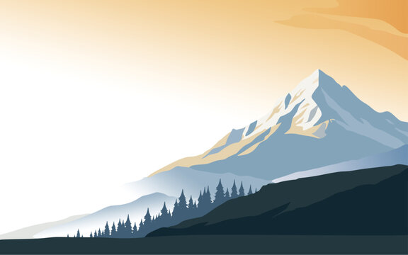 Elegant alpine landscape showing a snow covered mountain, evergreen forest, layered terrain, and soft golden sky in a clean minimalist illustration.